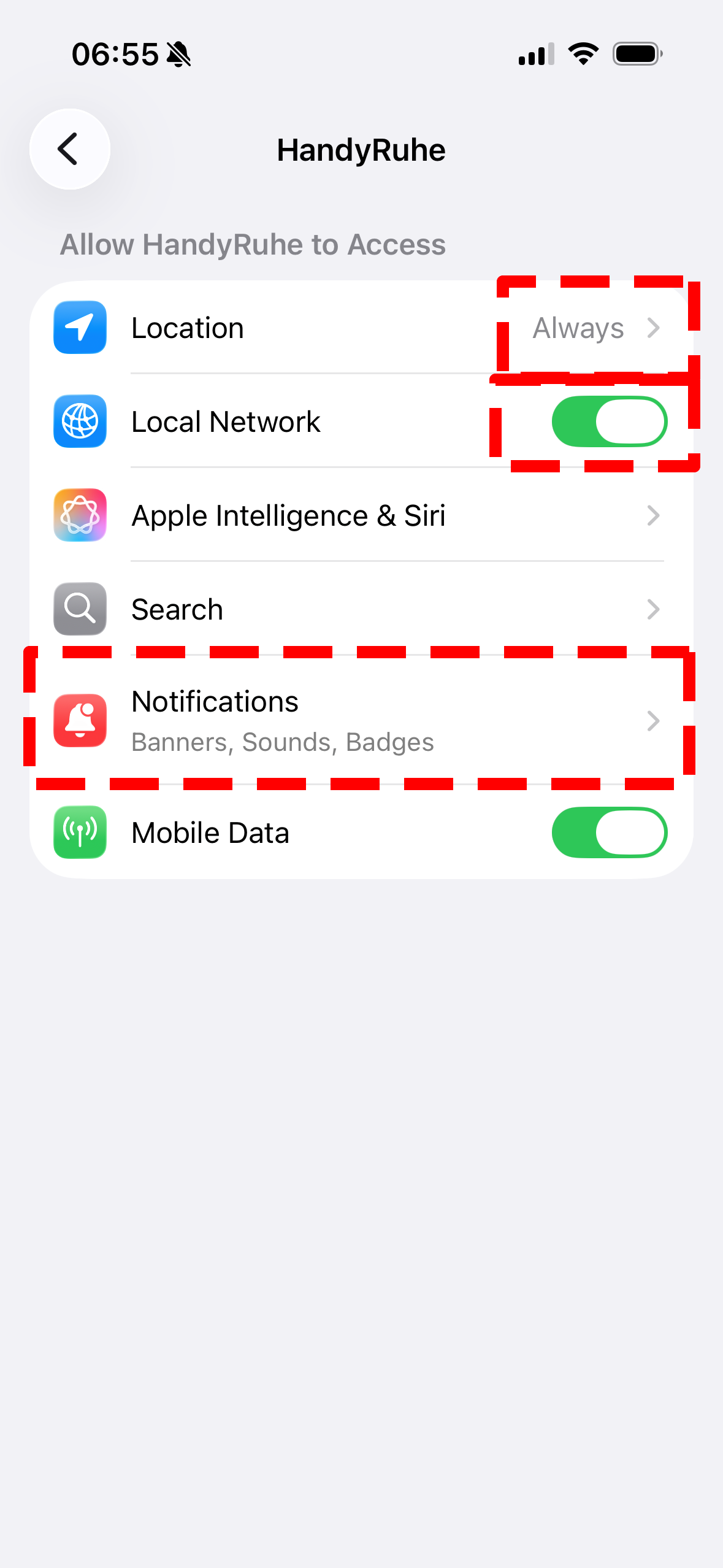 Detailed permissions settings for Handyruhe
